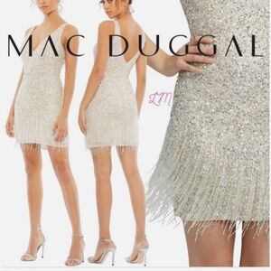Mac Duggal beaded fringe silver dress size 8